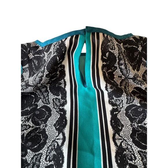 Ann Taylor Petite SP Sleeveless Blouse Teal Black Lace Print Baroque Top Work - Picture 4 of 7